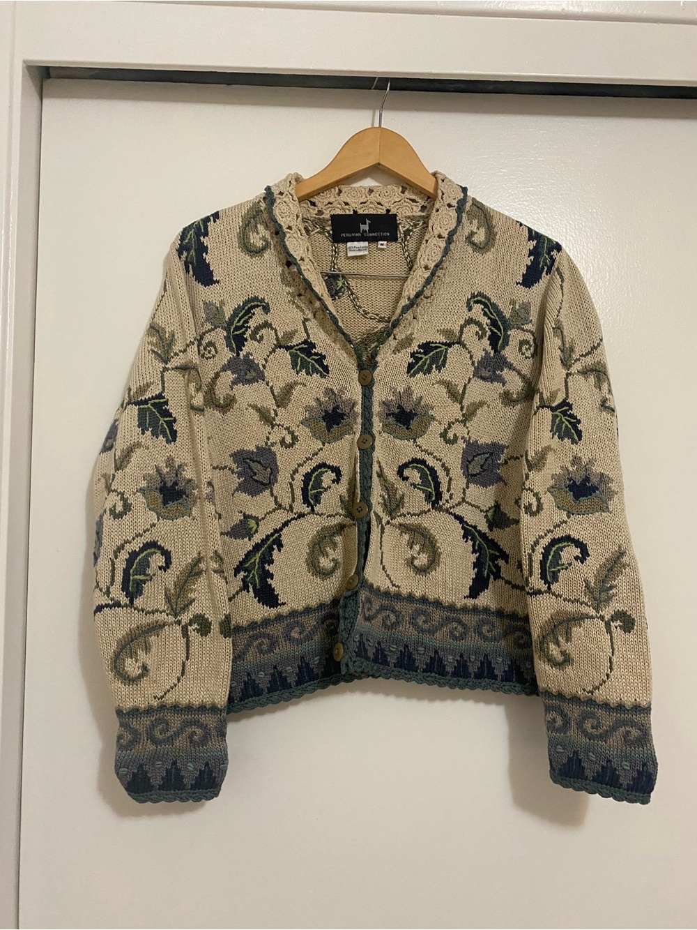 Peruvian Connection Cream Floral Knit Cardigan 100% Prima Cotton